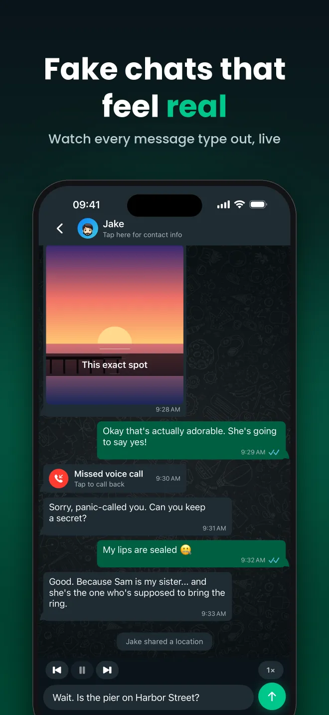 FauxChat app screenshot: WhatsApp Chat Simulator