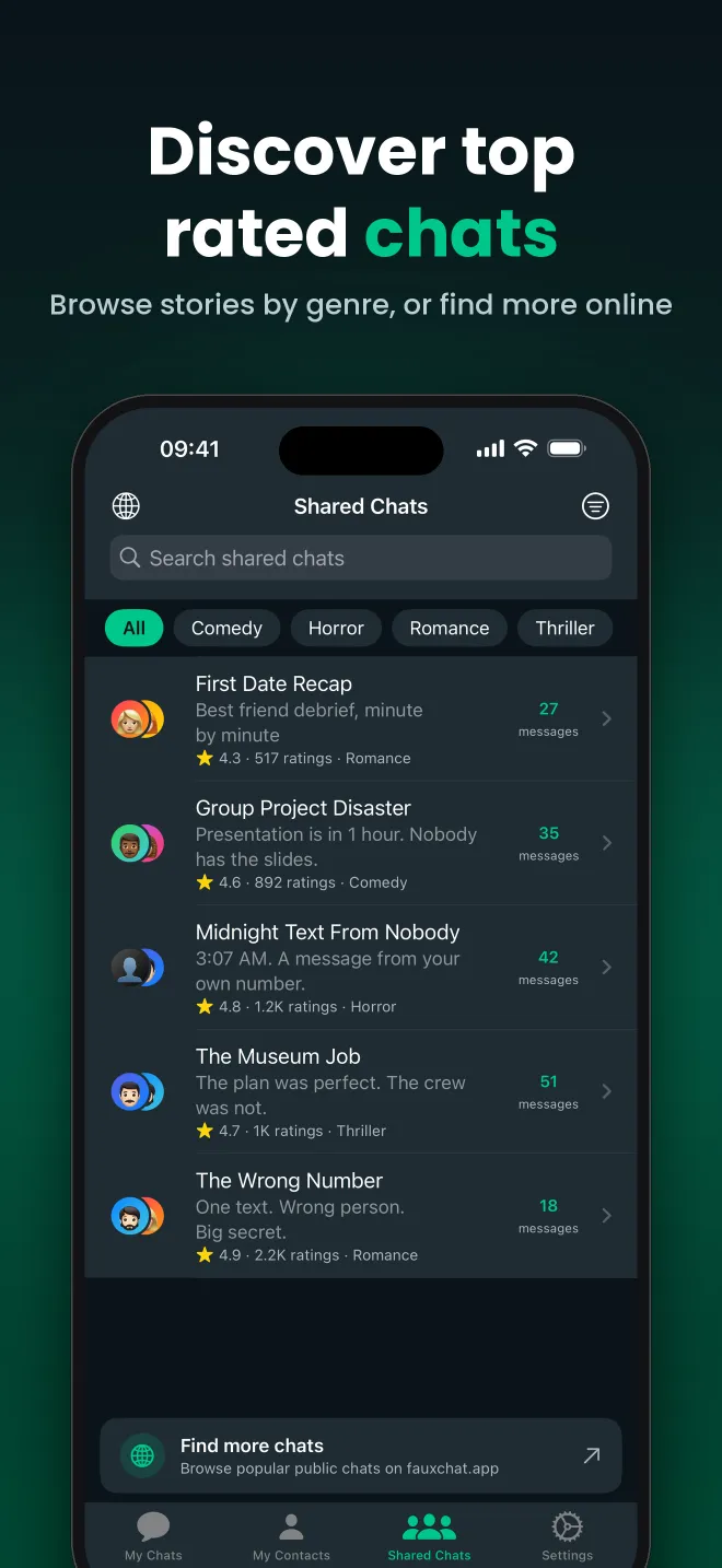FauxChat app screenshot: Interactive Chat Stories